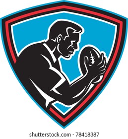 vector Illustration of a Rugby player running with ball done in retro style on isolated background