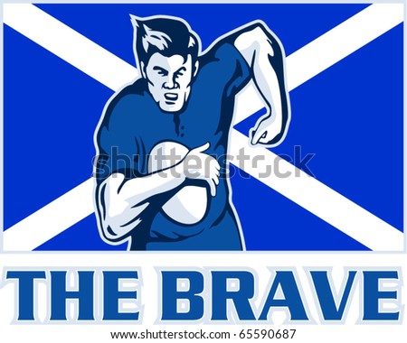 vector illustration of a rugby player running with ball with scotland flag in background