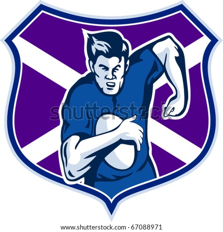 vector illustration of a rugby player running with ball with flag and shield of scotland