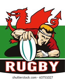 vector illustration of a Rugby player scoring try viewed from front with wales or welsh  flag in background and words "rugby"