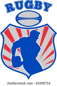 vector illustration of a Rugby player silhouette running passing ball inside shield background