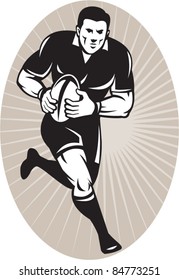 vector illustration of a Rugby player wearing all black running with ball viewed from front set inside ellipse with sunburst