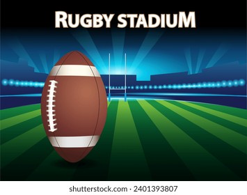 Vector illustration of a rugby stadium at night with spotlights illuminated.