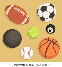 Vector illustration of rugby tennis soccer billiard basketball baseball bowling balls icon set isolated on brown background.