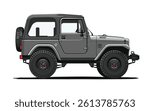 Vector illustration of a rugged off-road jeep in side view, featuring large tires, a spare wheel, and compact design, symbolizing adventure, travel, and outdoor exploration.