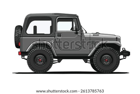 Vector illustration of a rugged off-road jeep in side view, featuring large tires, a spare wheel, and compact design, symbolizing adventure, travel, and outdoor exploration.