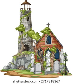 Ilustração vetorial de farol arruinado, capela coberta de hera e lápides na paisagem costeira rochosa