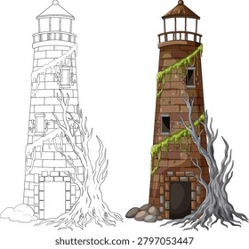Vector illustration of ruined lighthouse tower with twisted roots, mossy vines, and line-art version