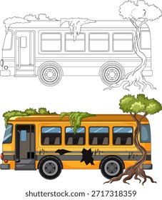 Ilustración vectorial de autobús escolar en ruinas entrelazado con raíces de árboles y follaje, aislado en blanco