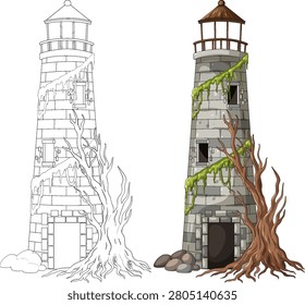 Vector illustration of ruined stone lighthouse with leafless tree, moss, rocks, and outline version