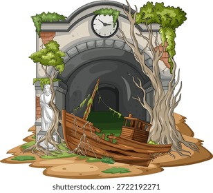 Vector illustration of ruined tunnel, decayed wooden boat, and twisted trees in overgrown landscape