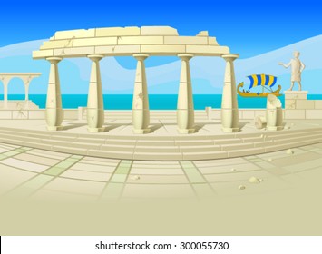 Vector illustration of ruins of an ancient city, with an old-time sailing ship, a blue sea and sky in the background. Empty space leaves room for design elements or text.Postcard.Banner.Background.