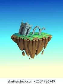 Ilustración vectorial de ruinas de un viejo castillo abandonado en un prado verde