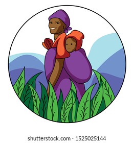 vector illustration rular women holding her child while working in the tea garden