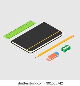Vector illustration of ruler, notebook, pencil, eraser, sharpener
