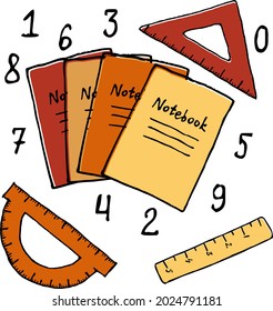 Vektorgrafik von Linealen und Notizbüchern im flachen Stil mit Zahlen. Set von Symbolen im kindischen Stil.