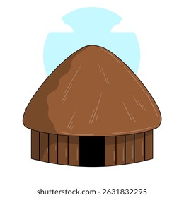 Vector illustration of Rumah Honai, the traditional round hut of the Dani people in Papua, Indonesia, made of wood and straw with a small entrance and thick walls for warmth.