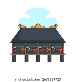 Ilustração vetorial de Rumah Lamin, a tradicional casa longada do povo Dayak em Kalimantan Oriental, Indonésia, conhecida por seu design alongado e espaço de vida comunitário.