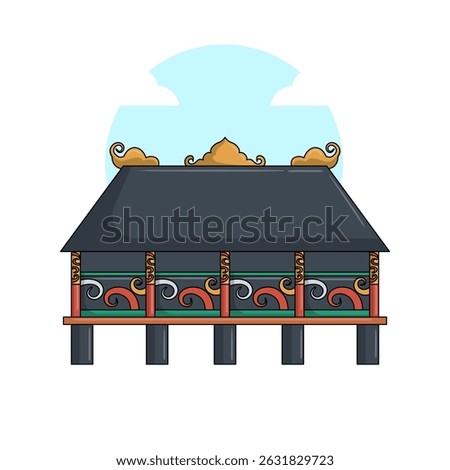 Vector illustration of Rumah Lamin, the traditional longhouse of the Dayak people in East Kalimantan, Indonesia, known for its elongated design and communal living space.