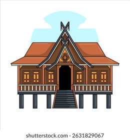 Ilustração vetorial de Rumah Panggung Kajang, uma tradicional casa de palafitas da Indonésia, apresentando uma forma retangular simples com estrutura de madeira elevada e telhado arremessado.