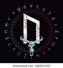 vector illustration of runic alphabet in circular design. Runic letter called Uruz next to the skeleton of an aurochs with horns
