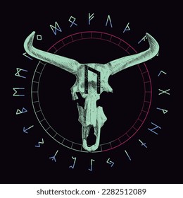 vector illustration of runic alphabet in circular design. Runic letter called Uruz next to the skeleton of an aurochs with horns