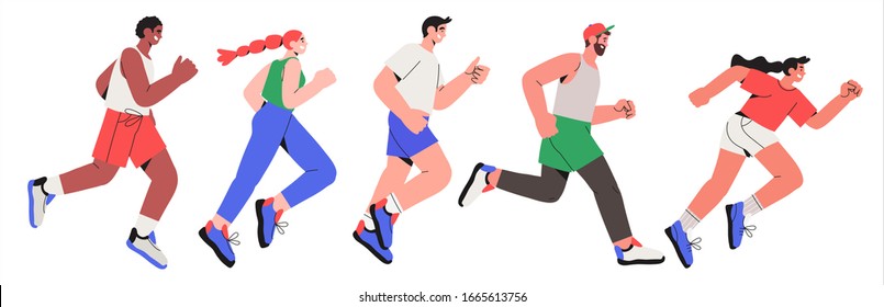 Imagen vectorial de corredores que corren maratón de primavera o verano o trotando aislados en un fondo blanco en un estilo moderno. Estilo de vida saludable y buen estado físico.