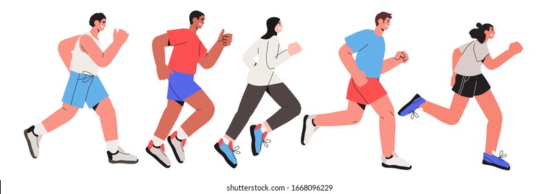 Vector illustration of runners running spring or summer marathon or jogging isolated on a white background in a trendy style. Healthy lifestyle and fitness.