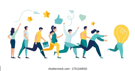 Vector illustration, running away idea, unattainable thought, search for new solutions, company of people catches up with a light bulb vector