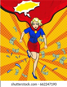 Vector illustration of running businesswoman wearing red cape. Retro pop art comic girl in superhero costume, flying paper money, speech bubble.