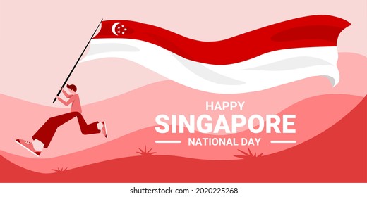 Vector illustration, running child carrying the Singapore flag, Happy Singapore independence day, as a banner or poster.