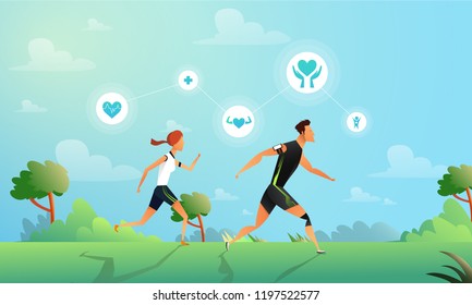 Vector illustration with running couple in flat style. Woman and man doing training in the park. Sport and healthy lifestyle illustration. Vector illustration in a flat style
