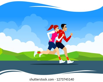 Vector Illustration with running couple. Jogging sport illustration in bright colors. Cloudy sky and greenery