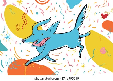 Vector illustration with running dog surrounded by bright confetti and graphic elements. Greeting card for the holiday and party.
