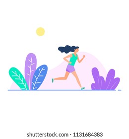 Vector illustration with running girl in flat style. Woman doing training outdoor