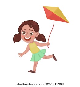 vector illustration of a running girl with a kite. children's illustration. happy character. Cartoon style