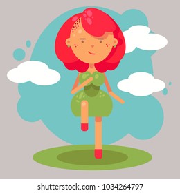 Vector illustration. Running girl with pink hair and green dress on a field on a blue sky background.