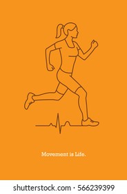 Vector illustration with running girl silhouette and heart pulse line. Motivational banner or poster creative design concept.