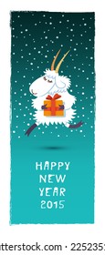vector illustration running goat with a gift during a snowfall