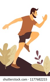 Vector illustration with running handsome man in flat style. Guy doing training outdoor. Sport and healthy lifestyle illustration. Vector illustration in a flat style.