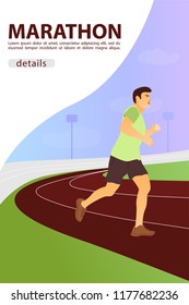 Vector illustration with running handsome man in flat style. Guy doing training on treadmills. Sport and healthy lifestyle illustration. Vector illustration.