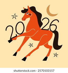 Vector illustration with running horse and number 2026. Symbol of New Year 2026, print design with farm animal. Greeting card, apparel, poster