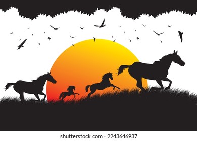 Vector illustration of a running horse.  Illustration of a sunset view at the safari park
