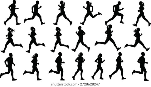 Ilustración vectorial de una cuadrícula de íconos para correr con múltiples figuras de siluetas en diferentes posturas atléticas y estilos de movimiento