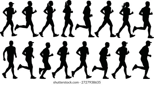 Ilustración vectorial de conjunto de iconos de running con dieciséis figuras de silueta en diferentes posturas atléticas y estilos de movimiento