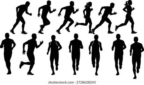 Vector illustration of running icon set with twelve silhouette figures in dynamic and upright athletic motion poses