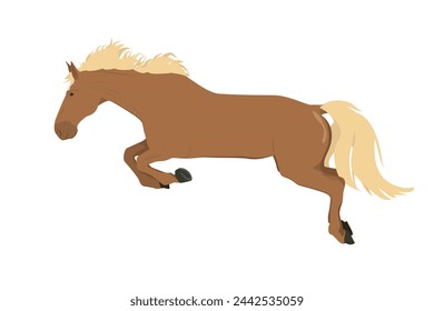 vector illustration of a running and jumping horse in brown color isolated on a white background. The theme of equestrian sports, training and animal husbandry. 