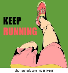 Vector illustration of running legs in pink sneakers. Green background. Keep running!