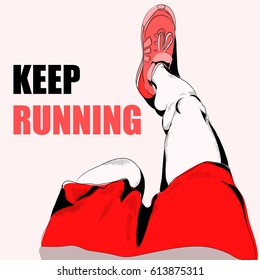 Vector illustration of running legs in red sneakers. Pink background. Keep running!