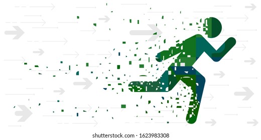 vector illustration of running man and breaking pieces from silhouette fast speed rushing visual